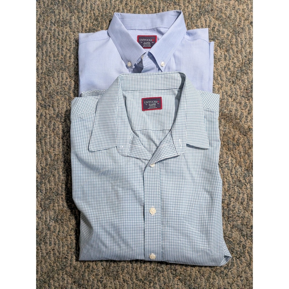 UNTUCKit Mens XL Long Sleeve Button Down Shirt Lot 2 Blue Solid Micro Check